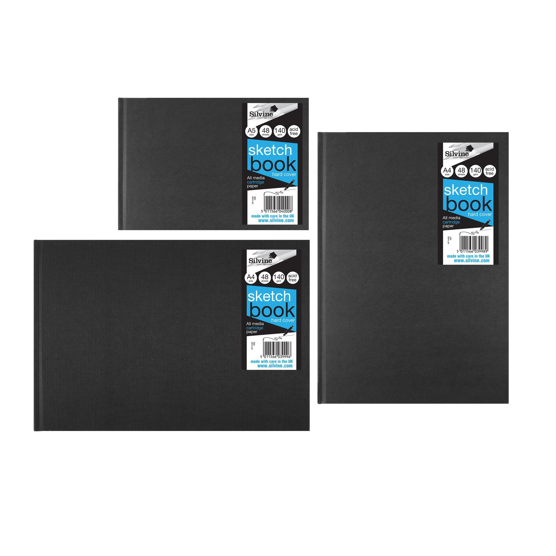 Three Silvine casebound sketchbooks on white background