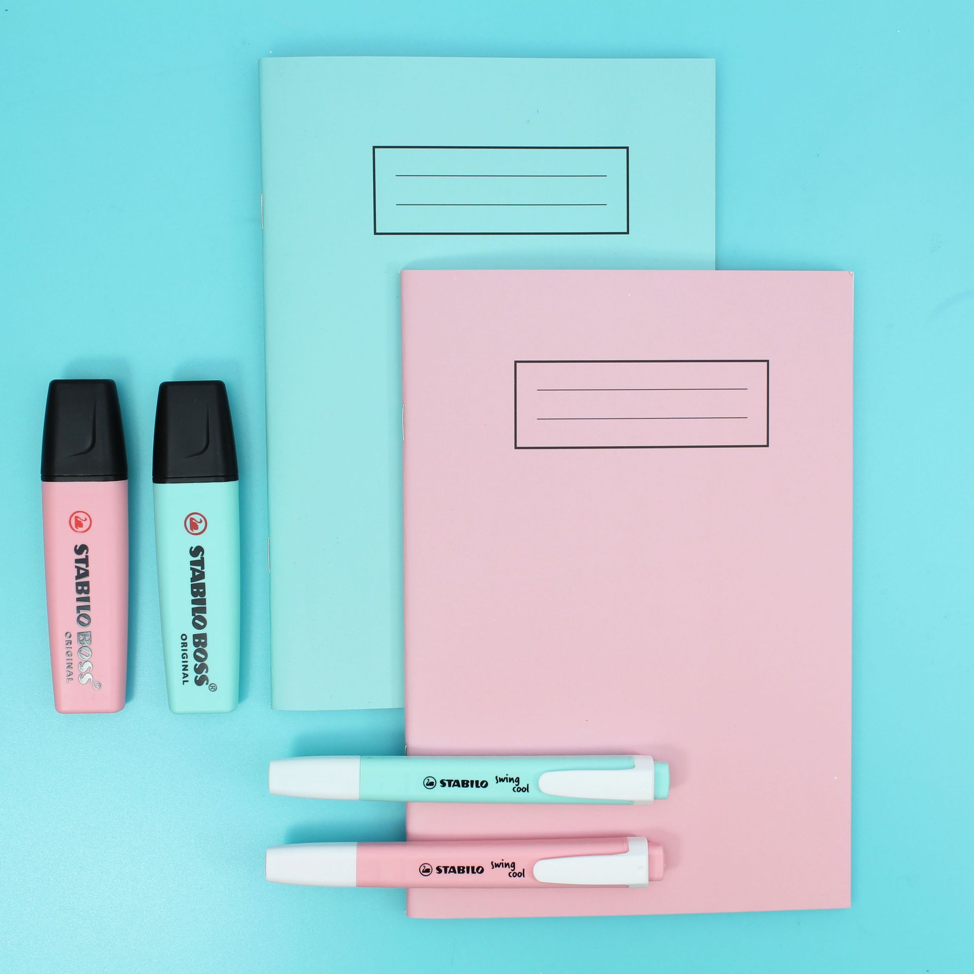 Pastel Pink and blue exercise books on blue background with matching pens.