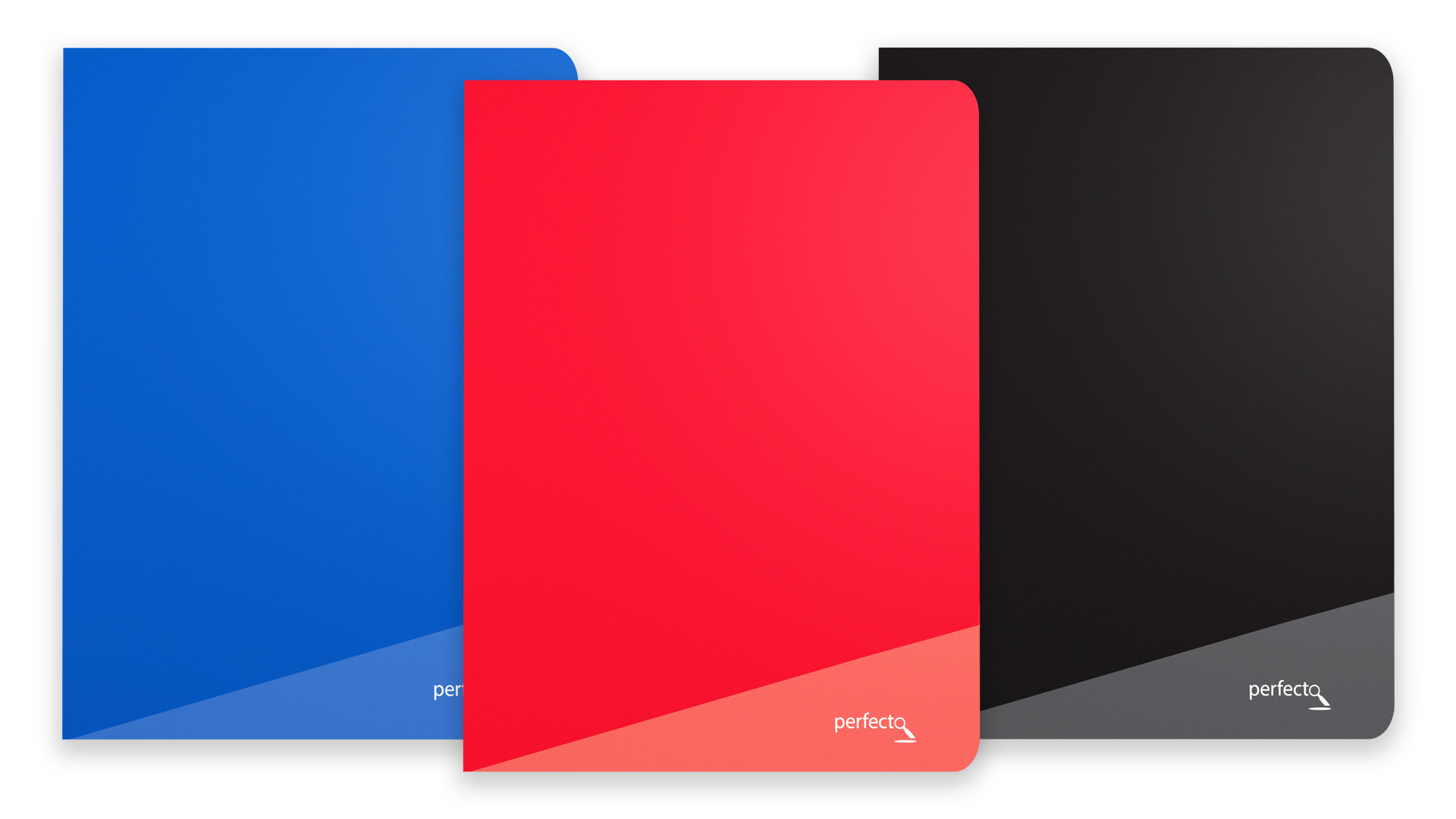 Red, blue and black perfecto notebooks by Silvine on white background