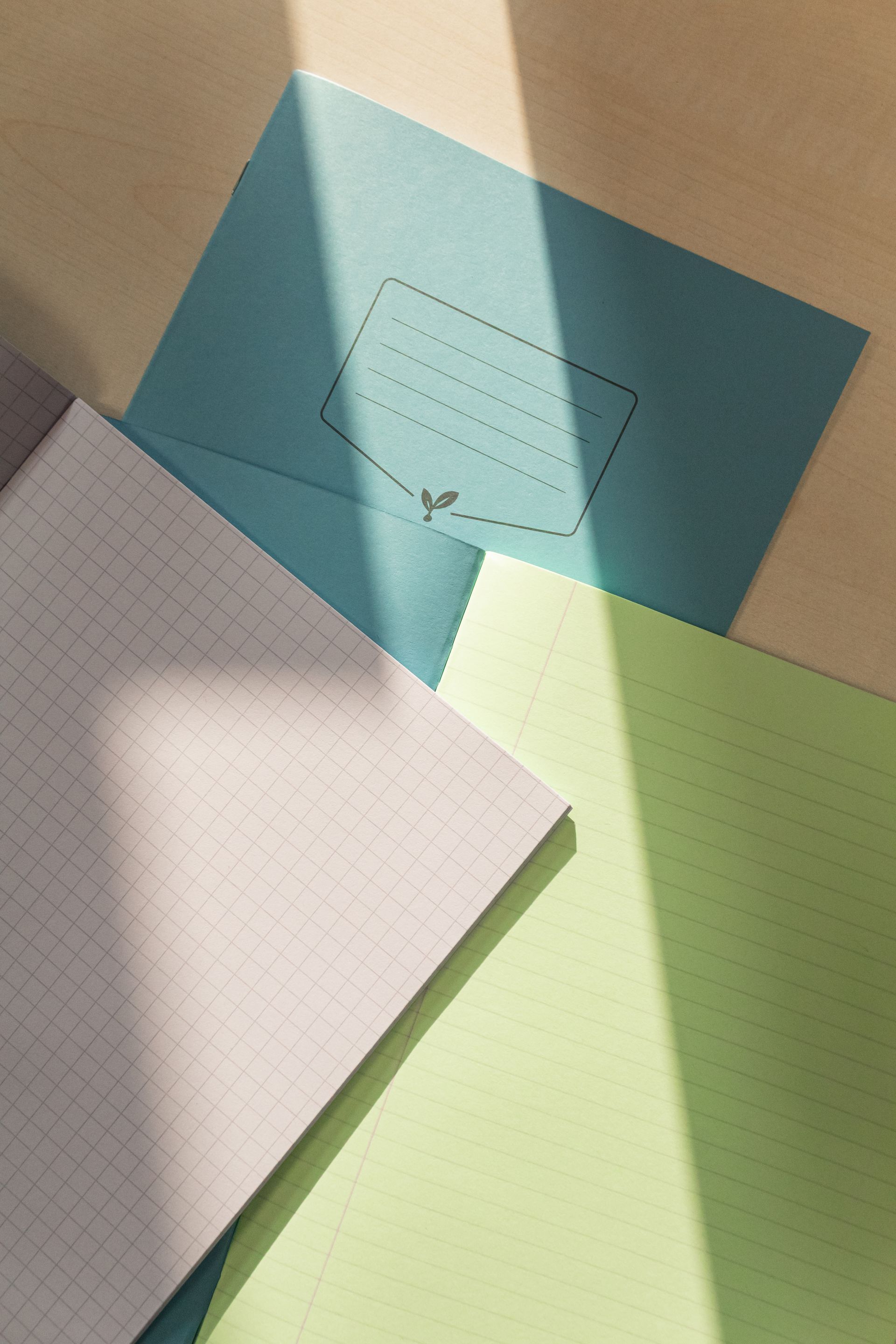Three tinted paper exercise books on a desk. Two books are open to show the inside of the books. Colour tints on show are purple and green with squared and lined with margin rulings. The sun is shining onto these books.