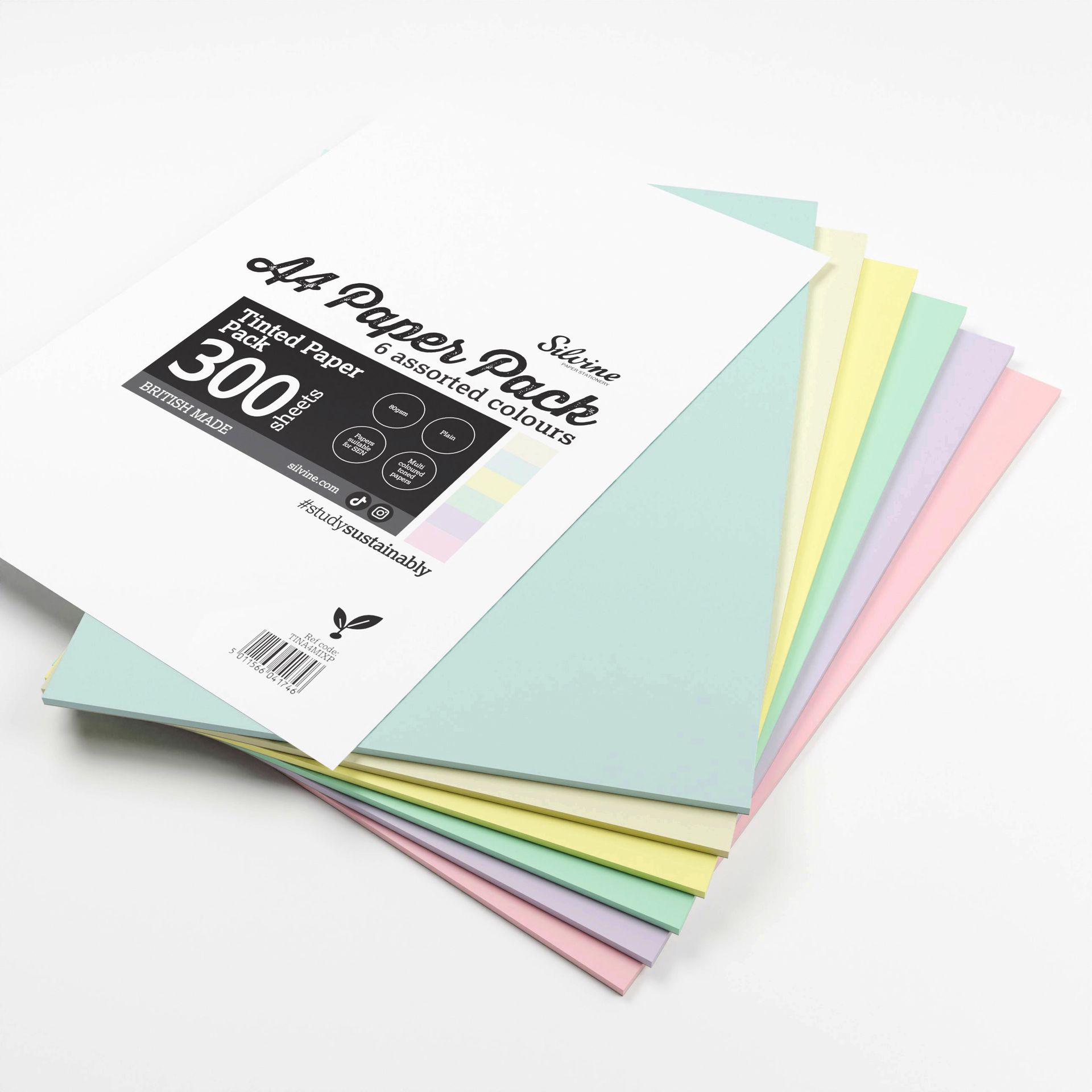 Silvine Tinted Paper Pack on a wite background with sheets spread to reveal the assorted colours in this pack.