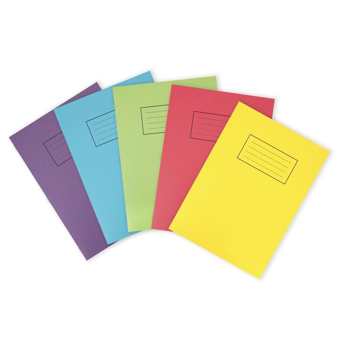 Five Silvine exercise books on white background