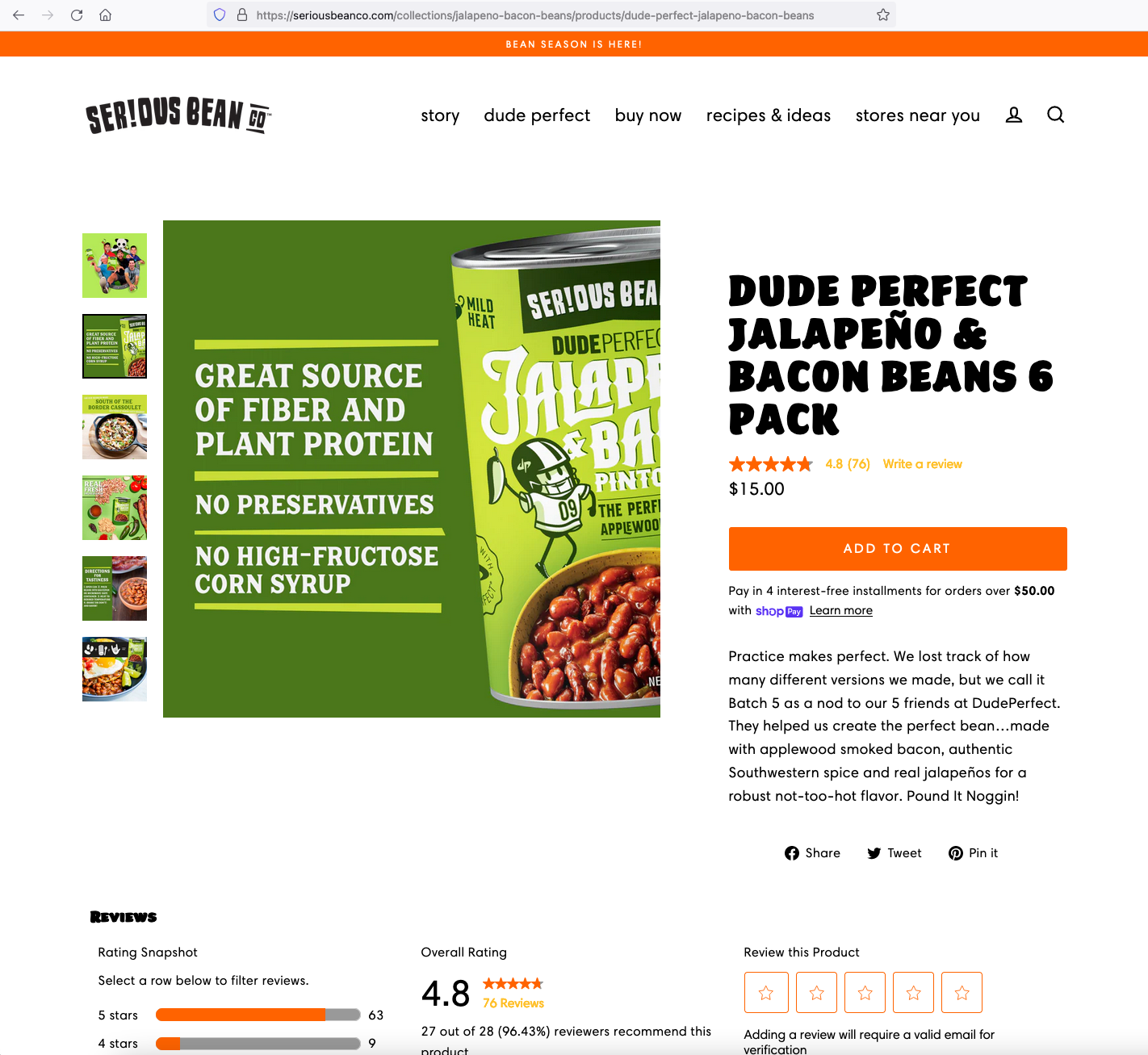 image of serious bean company website showing dude perfect jalapeno and bacon beans