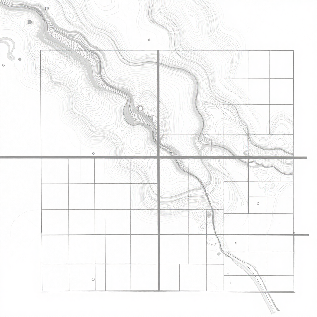 Mapa topográfico en escala de grises con curvas de nivel y una cuadrícula superpuesta, que muestra un río o valle sinuoso.