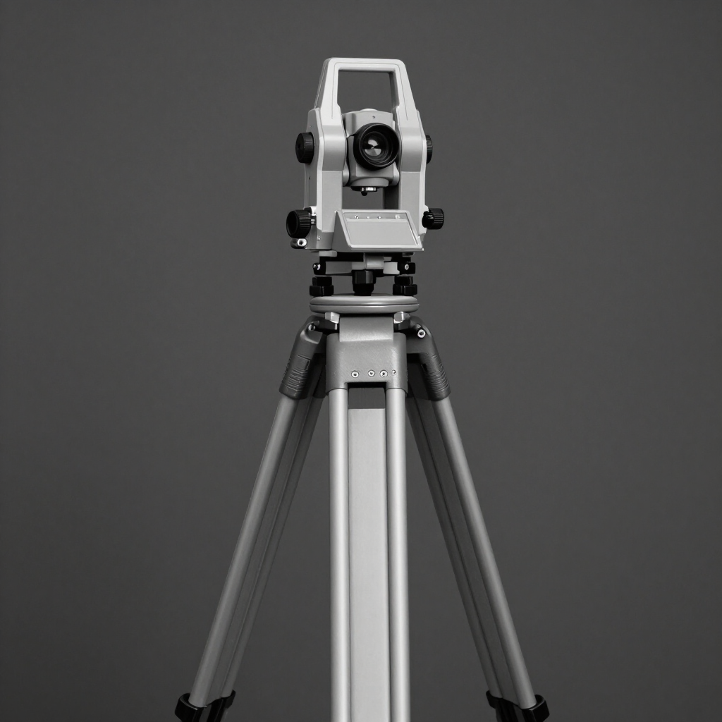 Instrumento de topografía sobre un trípode, apuntando hacia adelante, en un entorno de estudio gris.