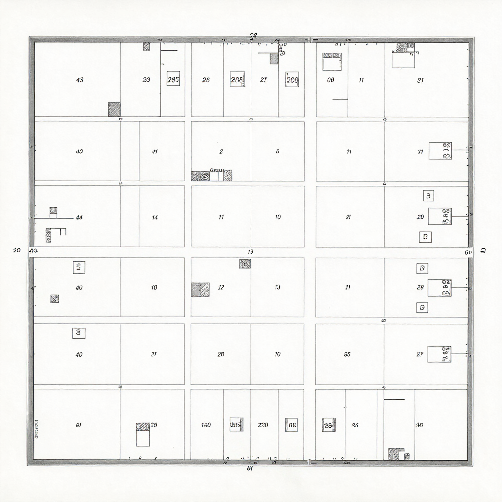 Plano en blanco y negro con las habitaciones etiquetadas y la distribución del mobiliario dentro de un edificio cuadrado.