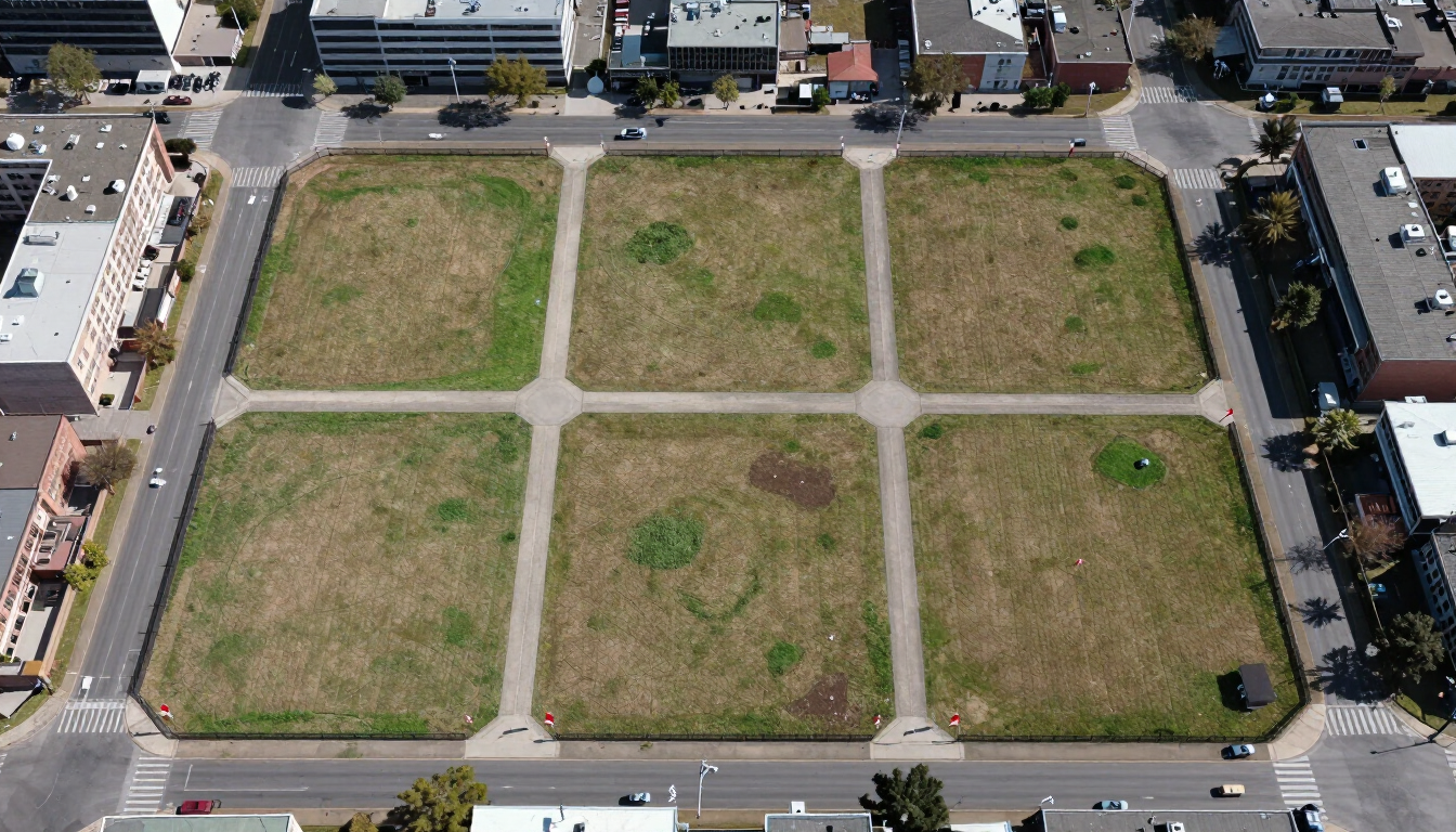 Vista aérea de un solar vacío cubierto de hierba, dividido en seis secciones por caminos pavimentados y bordeado por edificios y calles.