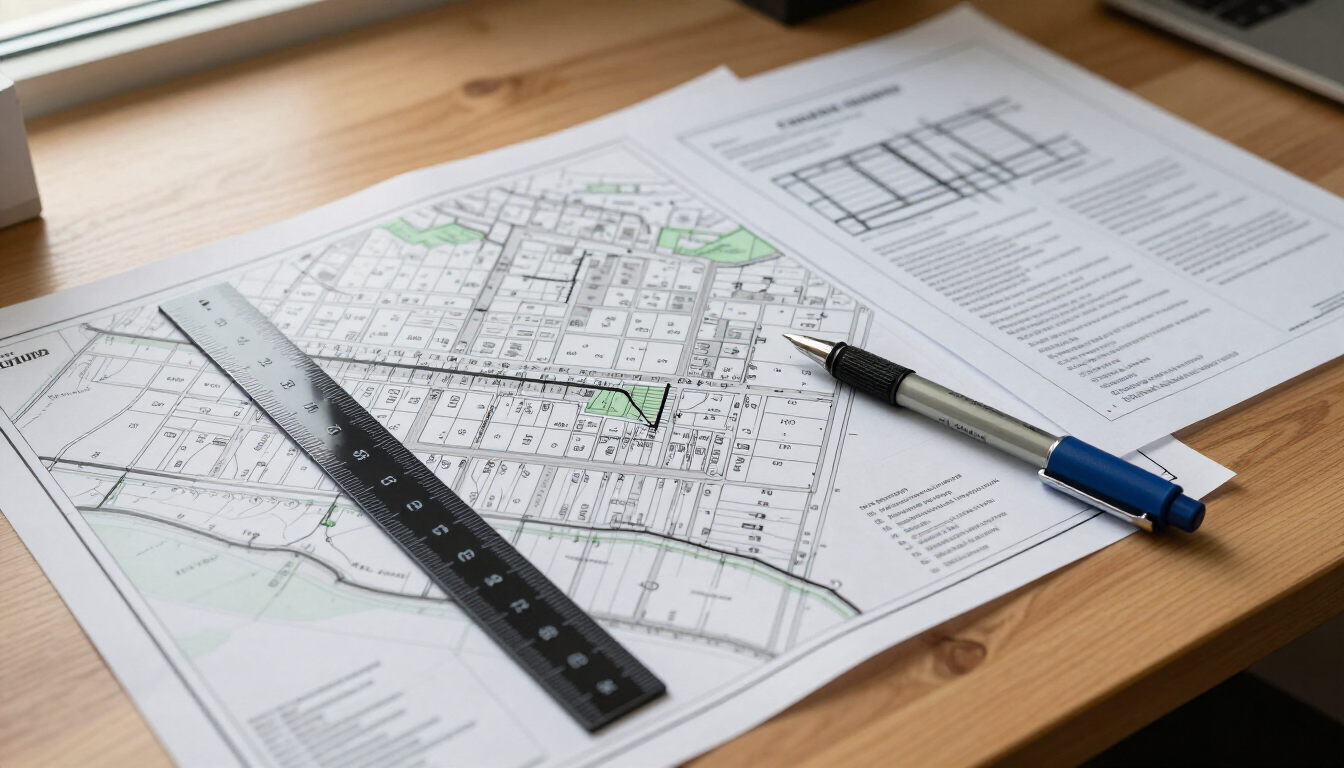 Planos arquitectónicos sobre un escritorio con una regla y un bolígrafo superpuestos a los dibujos.