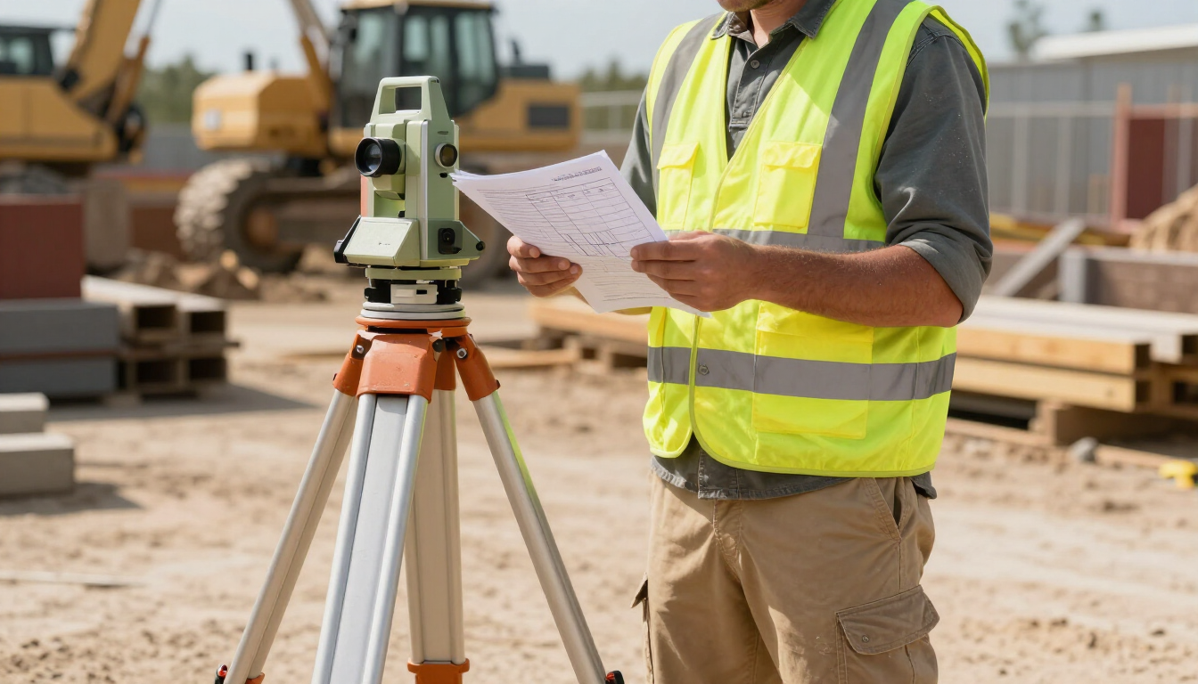 Un topógrafo con chaleco de seguridad amarillo lee planos junto a un trípode en una obra de construcción.