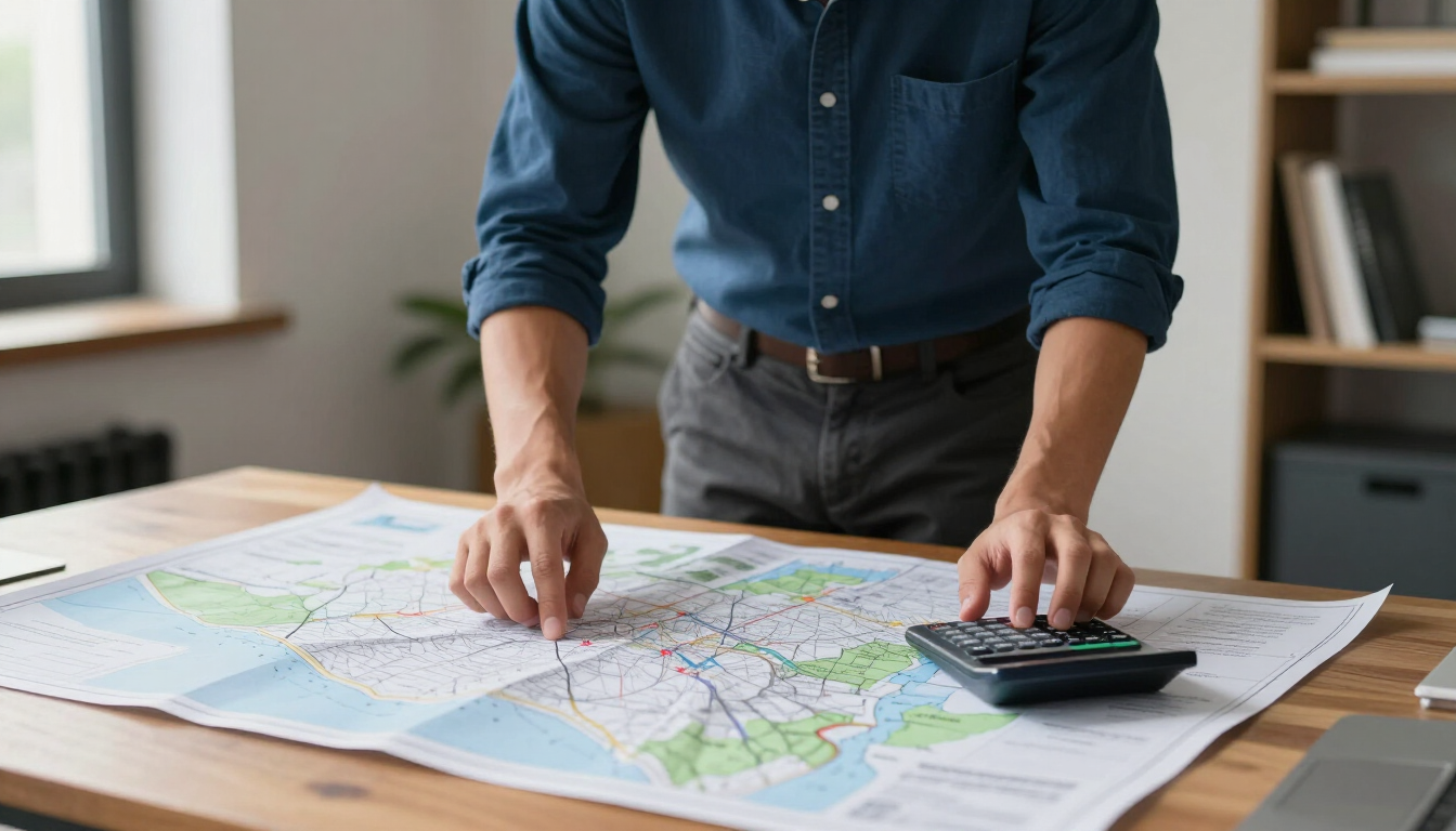 Una persona se inclina sobre un mapa grande que está sobre una mesa, con una calculadora cerca.