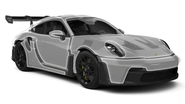 Gray sports car with a large rear wing, shown in a studio setting on a white background.