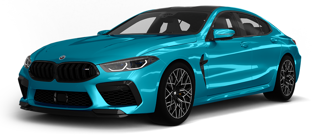 Blue sporty BMW coupe on a white background, angled front view