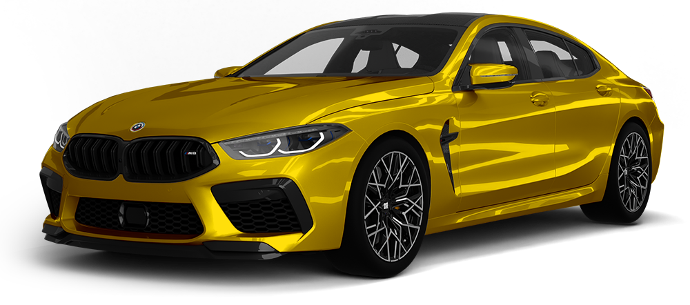 Yellow sports sedan in front three-quarter view on a white background
