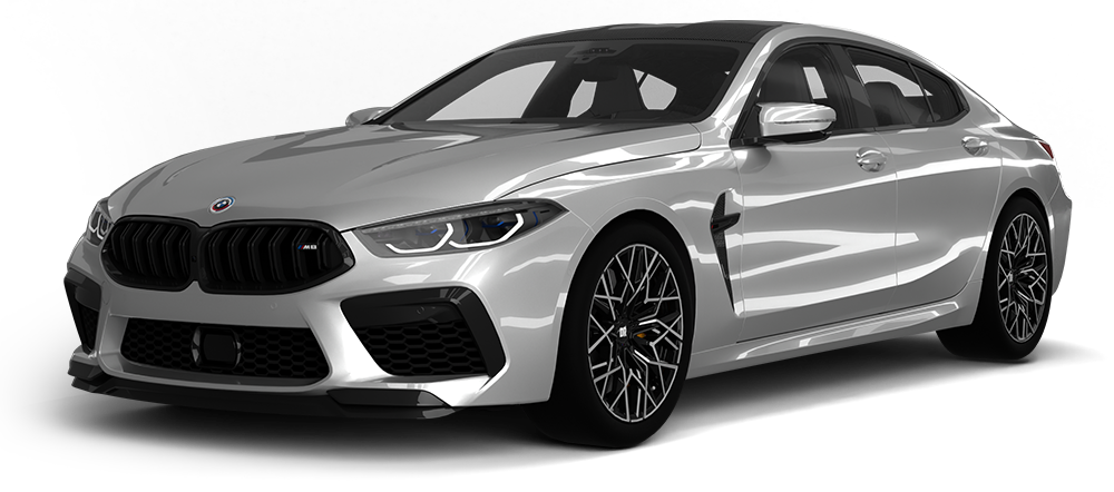 Silver BMW sedan on a white background, shown in a front three-quarter view.