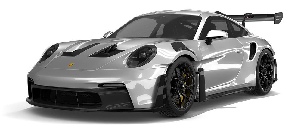 Silver sports car with black wheels and a large rear wing, shown on a white background
