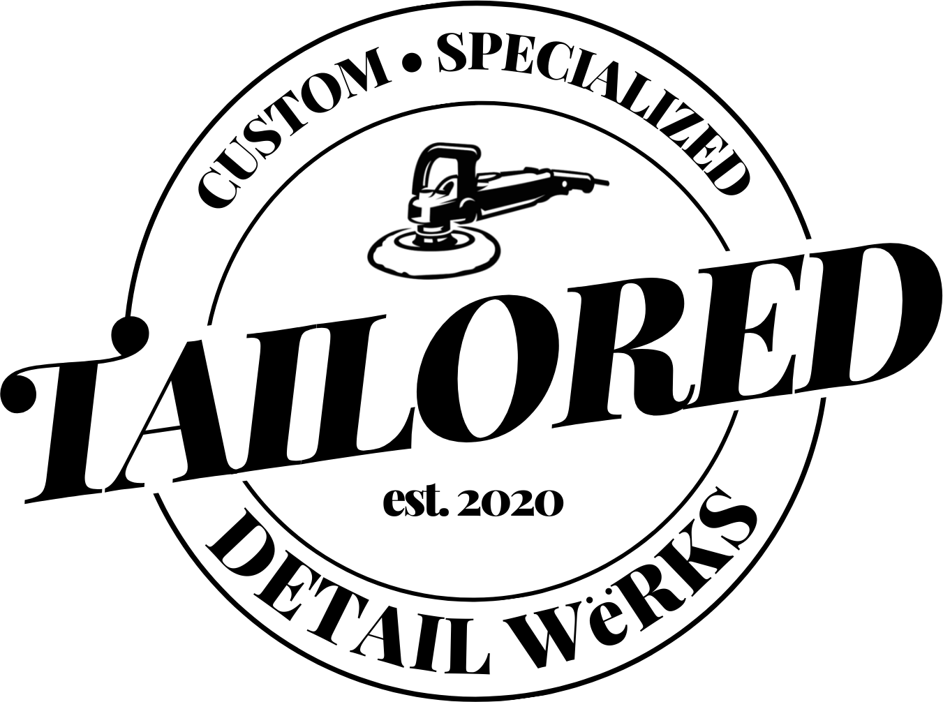 Black-and-white logo for Tailored Detail Works with orbital polisher and “Custom • Specialized • est. 2020” text