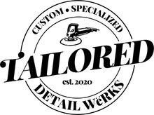 Black-and-white logo for Tailored Detail Works with orbital polisher and “Custom • Specialized • est. 2020” text