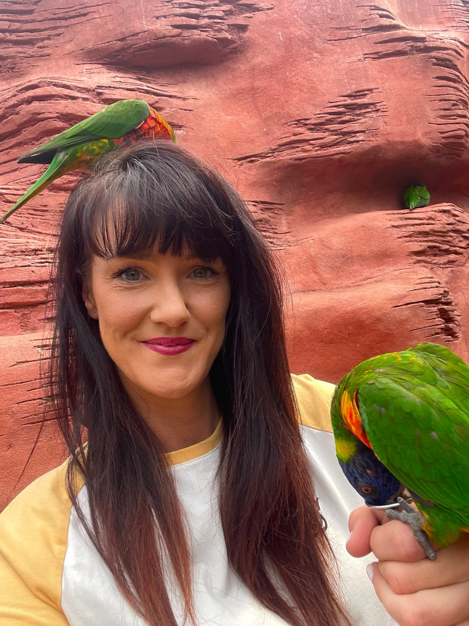 Vrouw met donker haar en lippenstift die twee groene papegaaien vasthoudt tegen een rode rotswand.