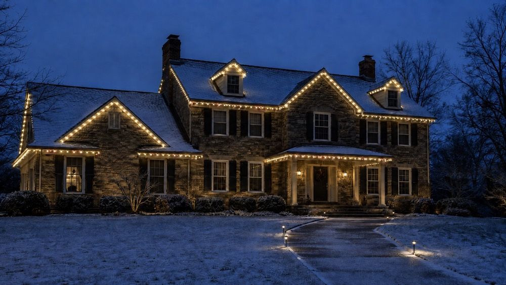 Permanent warm-white and red-green Christmas lighting outlining a Pennsylvania home's roofline