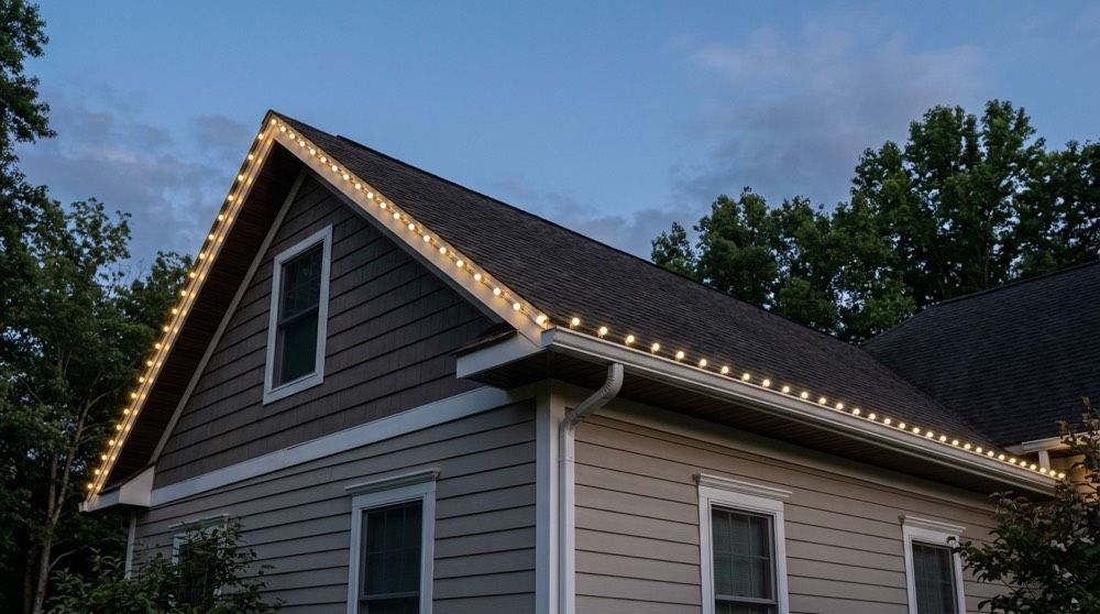 Close view of energy-efficient warm-white LED permanent lights spaced along a home's eave at dusk.
