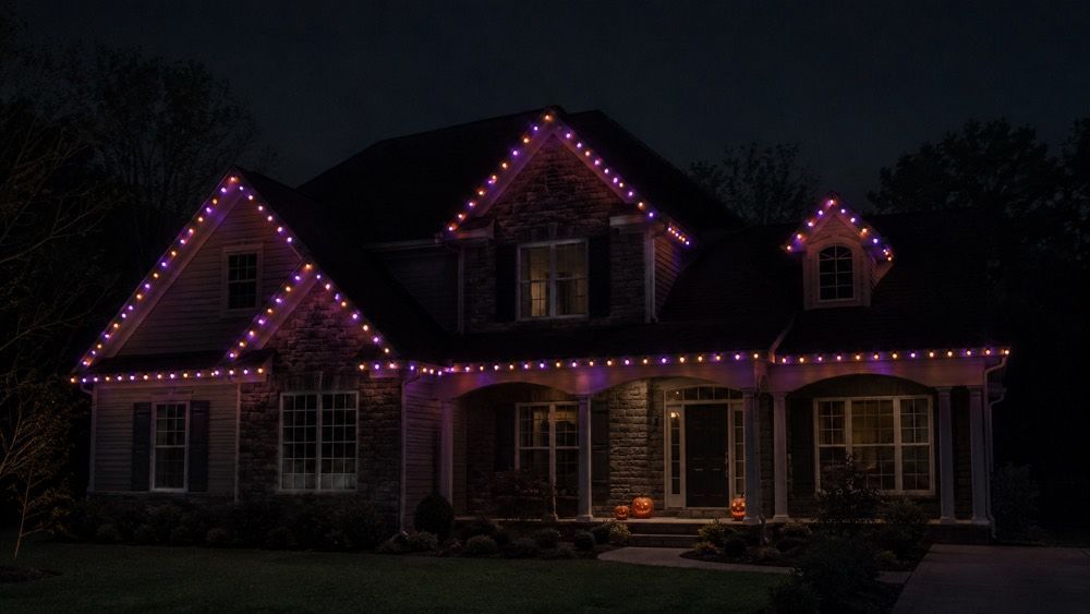 Permanent Smart Roofline system displaying alternating orange and purple Halloween lighting