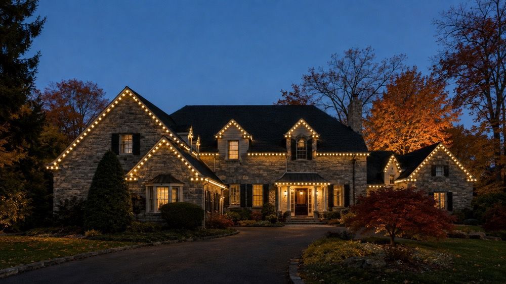 Permanent Smart Roofline lighting installed on a Pennsylvania home in early fall