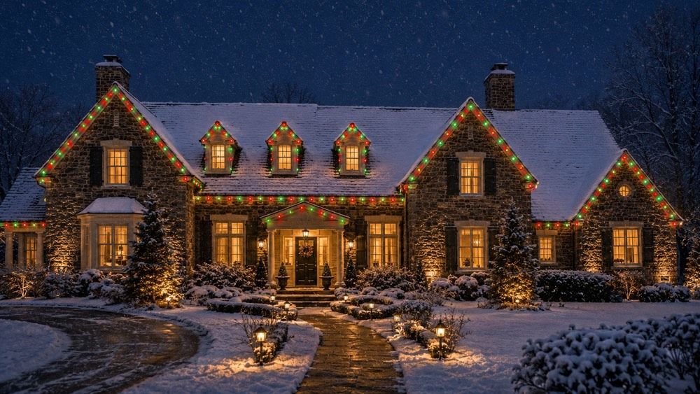 Permanent holiday lighting in red and green along the roofline of a Pennsylvania home at night