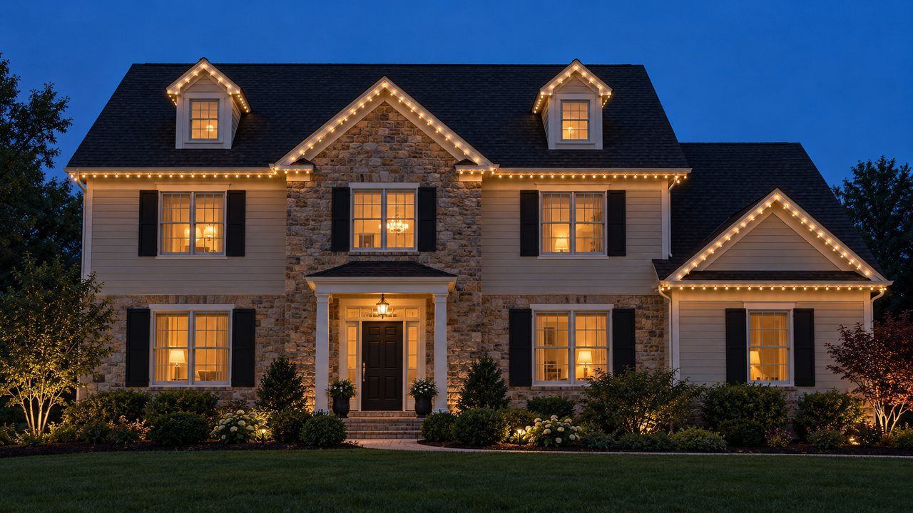 Colonial home in Pennsylvania at twilight with Smart Roofline permanent lighting along the front