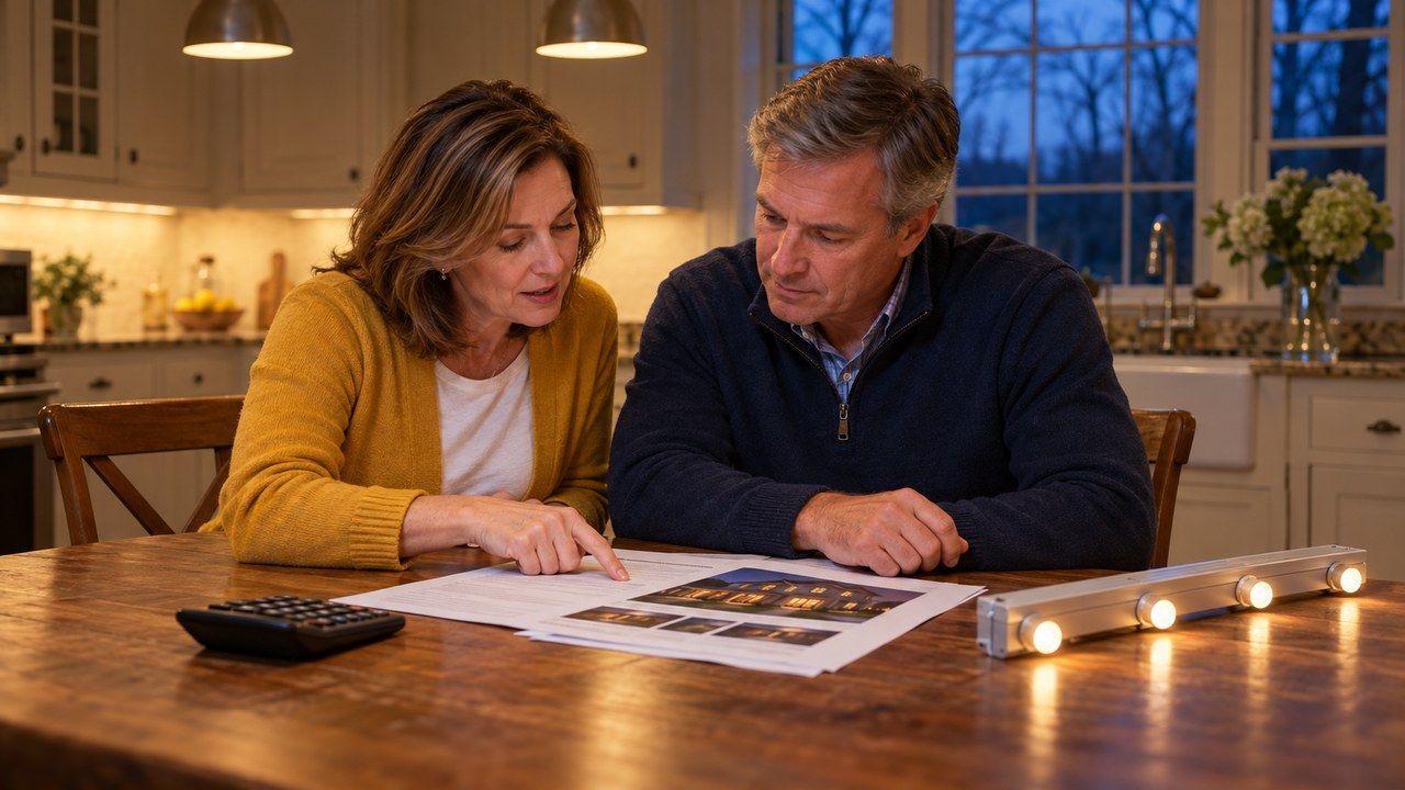 Pennsylvania couple reviewing a permanent outdoor lighting quote and payment options at home