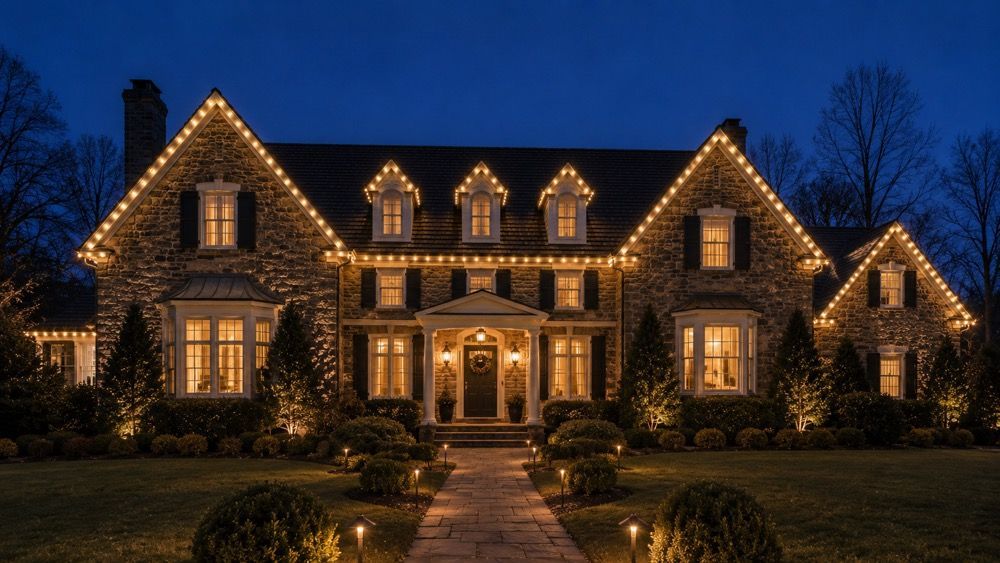 Permanent outdoor lighting along the roofline of a home,  warm white LED wash across the eaves.