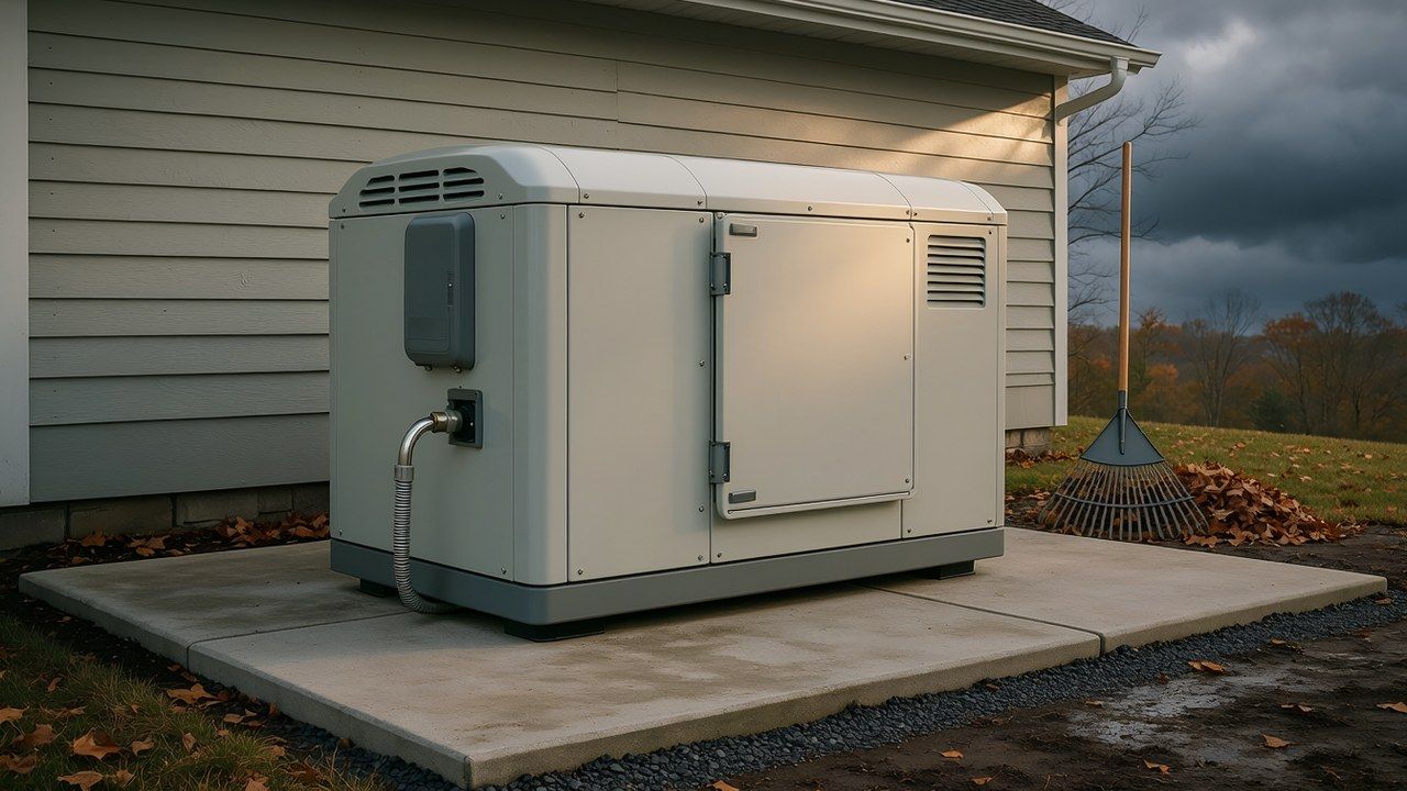 Standby generator beside a Pennsylvania home under a darkening autumn sky, cleared of leaves and ready for a storm.