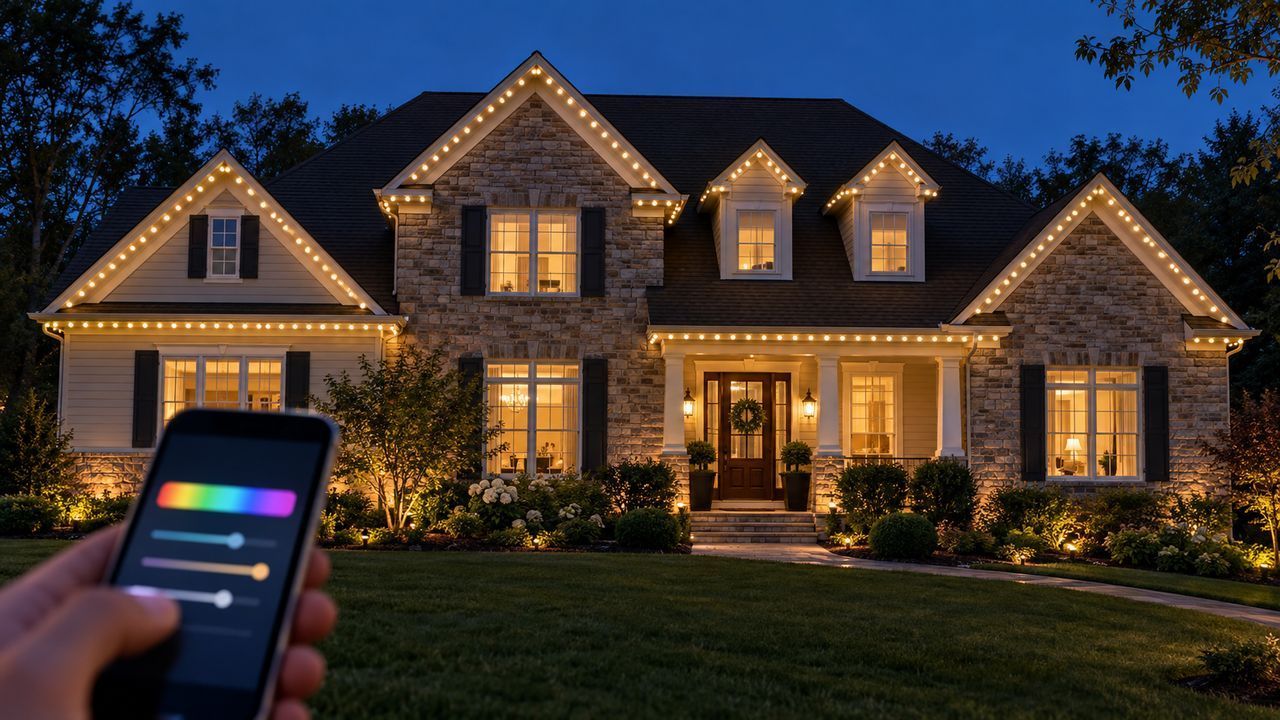 Pennsylvania home with Smart Roofline permanent lighting at dusk and a smartphone lighting app held in the foreground.