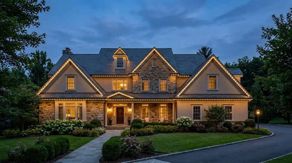 Main Line Montgomery County home at dusk with Smart Roofline permanent lighting outlining the eaves