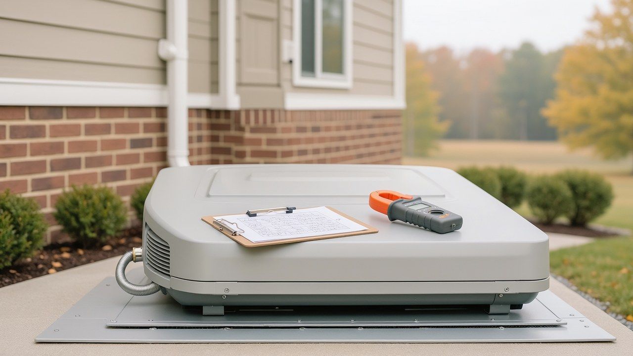 Standby generator beside a Pennsylvania home with a load calculation worksheet