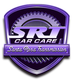 Purple shield logo for SRT Car Care and Santa Rosa Transmission with gear design