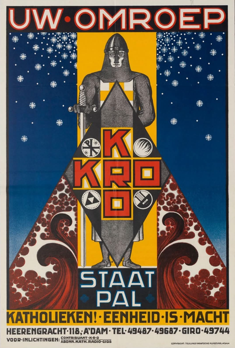 Vintage Dutch poster with armored figure, bold red-yellow blocks, and text “UW OPROEP” and “STAAT ALTIJD”