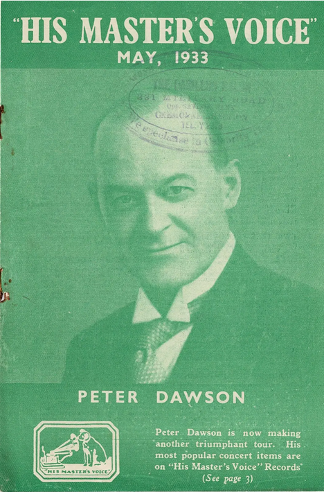 Groene omslag van het tijdschrift “His Master's Voice”, mei 1933, met een portret van Peter Dawson.