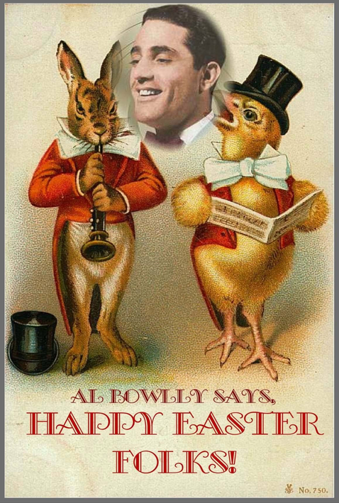 Vintage poster met twee antropomorfe dieren met muziekinstrumenten en een lachend mannengezicht, getiteld 