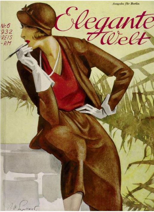 Vintage modeposter van een vrouw in een bruine fluwelen outfit en hoed, poserend tegen een grasachtergrond.
