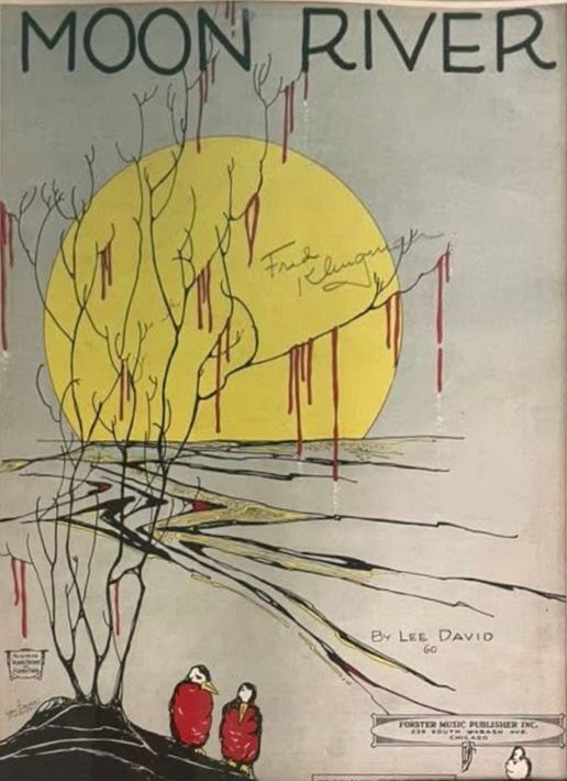 Poster van Moon River met een gele maan, kale bomen, een kronkelende rivier en twee kleine figuren in rode jassen.