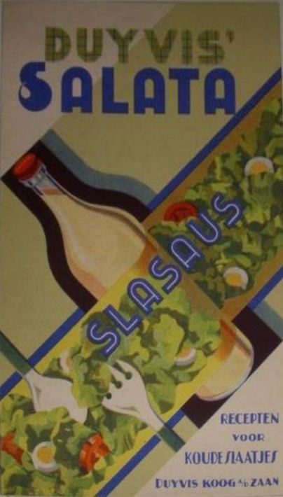 Vintage Nederlandse saladeposter met groene bladgroenten, kommen en de opvallende blauwe tekst 