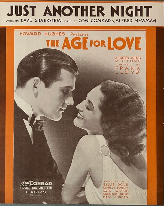 Vintage oranje-zwarte filmposter voor The Age for Love, met een close-up van een man en een vrouw die tegenover elkaar staan.