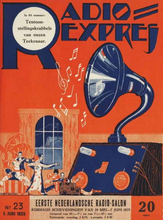 Vintage tijdschriftomslag in rood en blauw met een grote grammofoon, muzieknoten en de Nederlandse tekst 