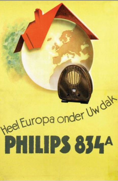 Vintage Philips-advertentie met een wereldbol, een huis met een rood dak en een radio; de tekst luidt 