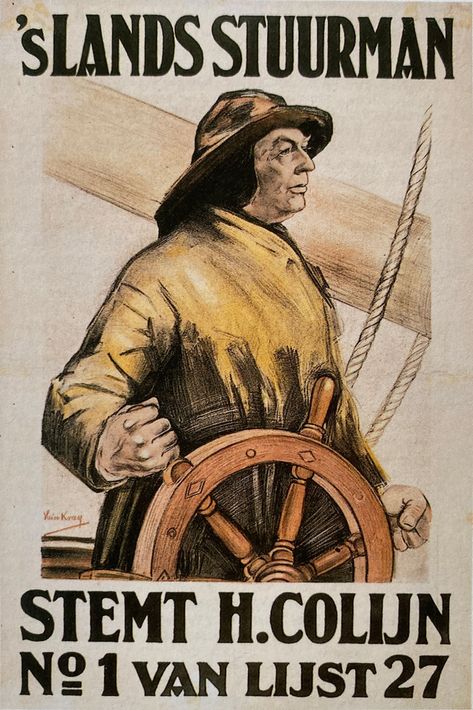 Vintage Nederlandse poster van een zeeman aan het roer van een schip, getiteld 