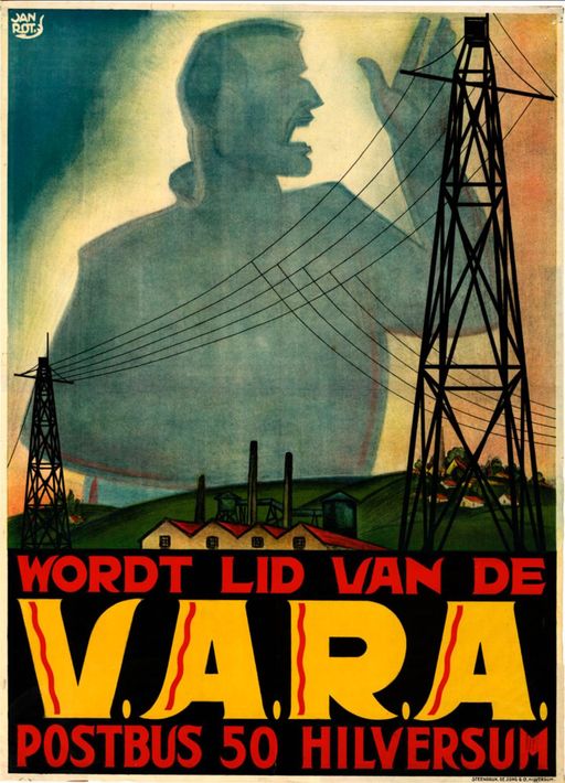 Vintage poster with silhouetted figure and power lines, reading “WORDT LID VAN DE VARA, POSTBUS 50 HILVERSUM”
