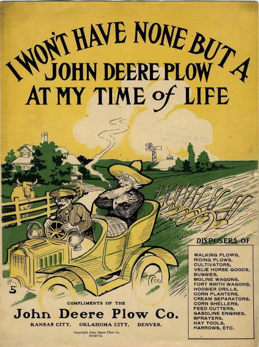 Vintage poster van John Deere Plow Co. met een boer die een gele tractor bestuurt met een opvallende slogan.