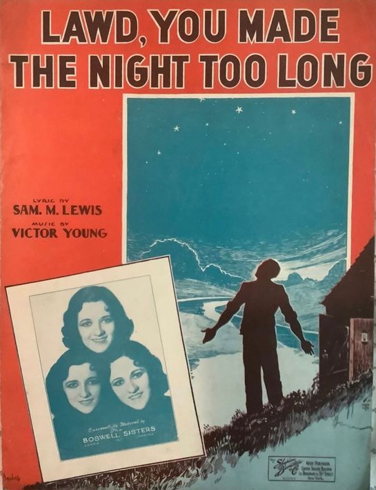 Albumhoes voor “Lawd, You Made the Night Too Long”, met een silhouet in een besneeuwd landschap en een ingevoegd portret.