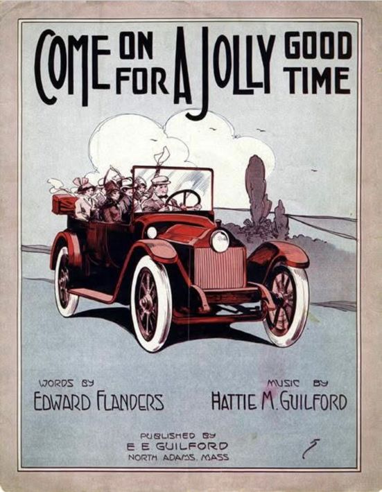 Vintage poster van een rode auto met passagiers, met de titel 