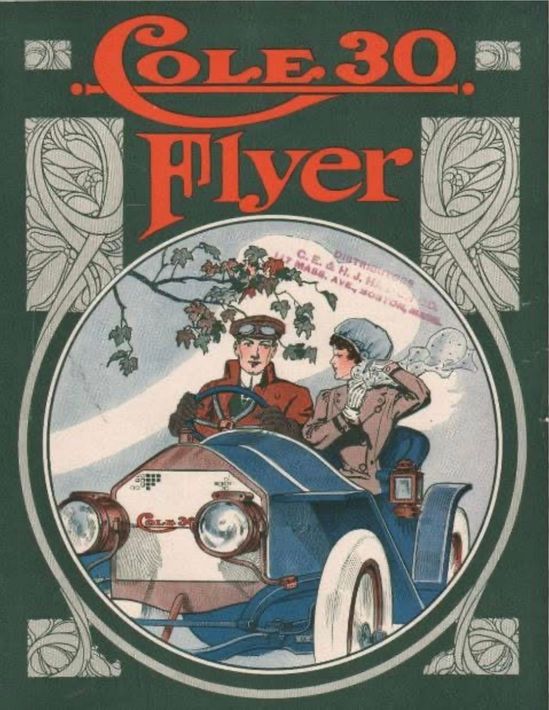 Vintage Cole 30 Flyer poster met twee personen in een vroege blauwe auto op een schilderachtige weg.